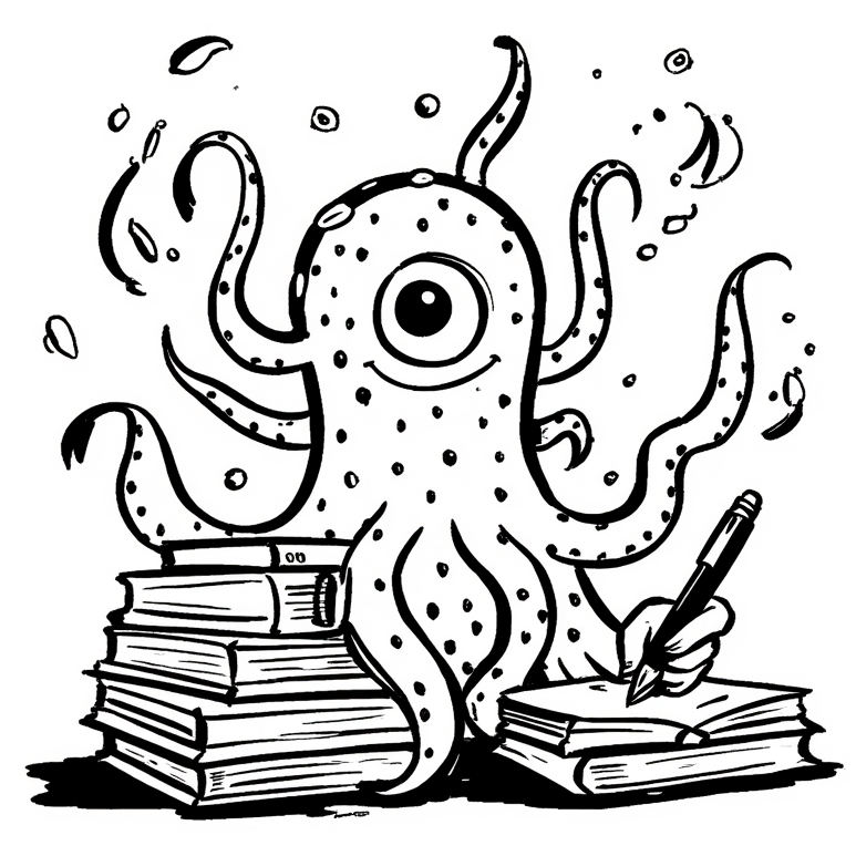 A friendly book monster reading and taking notes for you